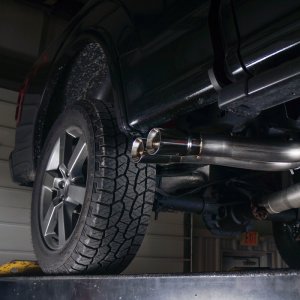 Ford F-150 Performance Exhaust - Exits in front of passenger rear tire - Stainless Works - Cat Back with X-Pipe Resonator Muffler and Dual 3.5